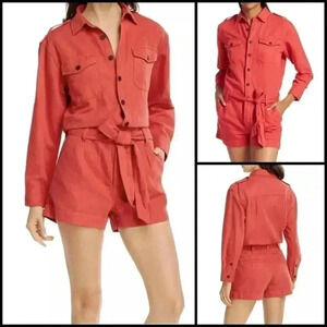 Current Elliott The Kaya Button-Front Long Sleep Utility Waist Tie Romper Size S